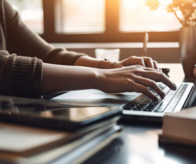 A businesswoman sitting at desk, using laptop generated by AI